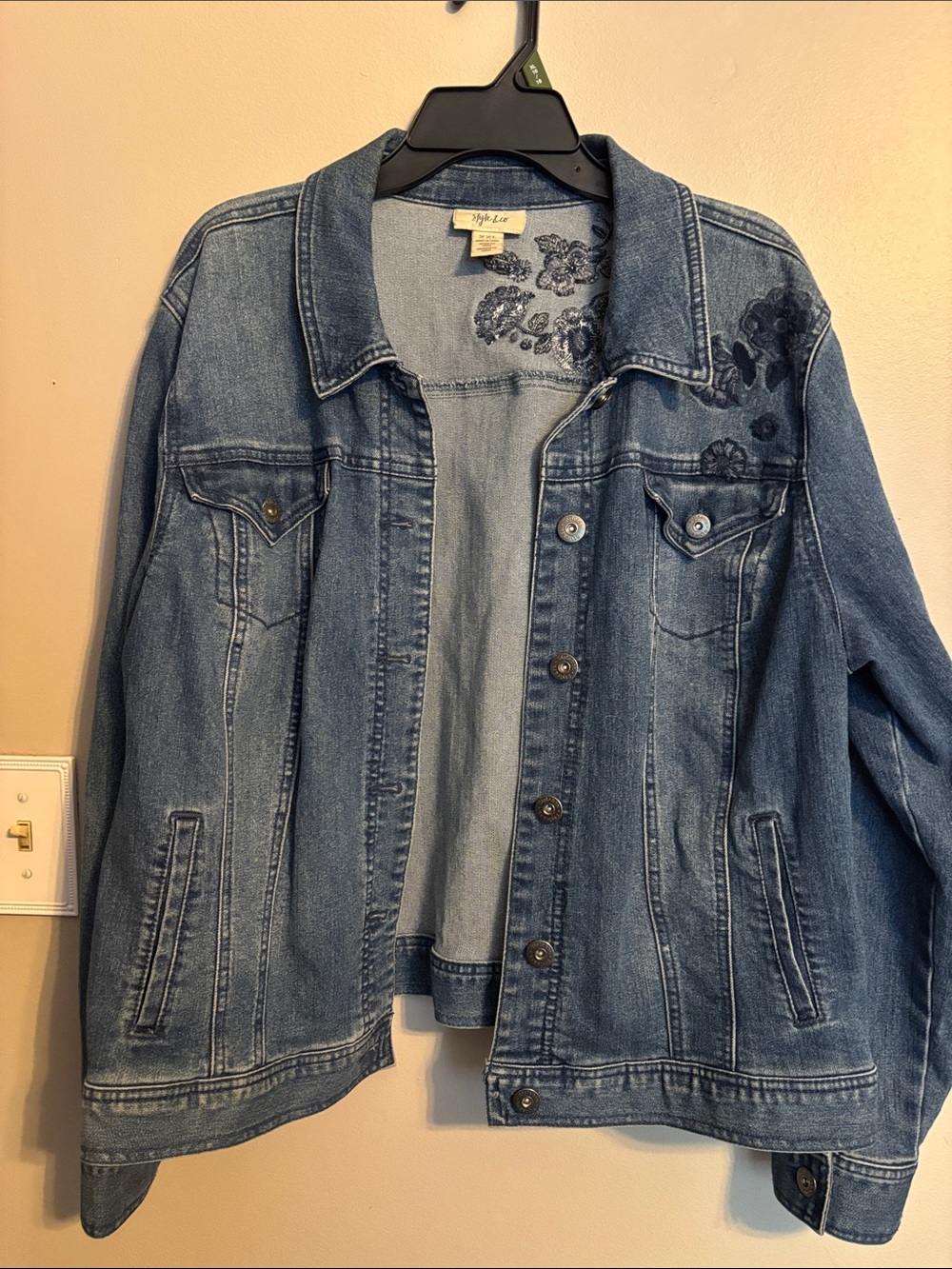 Style & Co. Medium Blue Denim Jacket with Dark Blue Floral Embroidery